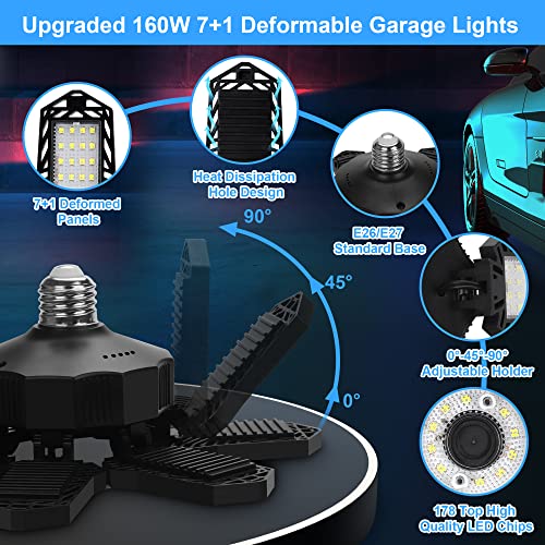 Audles 7+1 160W Led Shop Light Deformable Led Garage Ceiling Light With 7+1 Adjustable Panels Lighting High Bay Light Attic Light 1Pk #TOP1