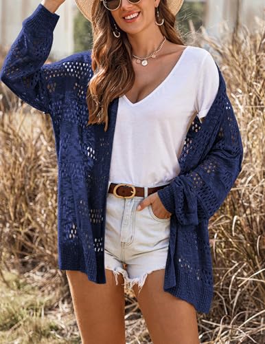 Image of HOTOUCH Lightweight Crochet Cardigan for Women Long Sleeve Open Front Knit Oversized Cardigans Sweaters