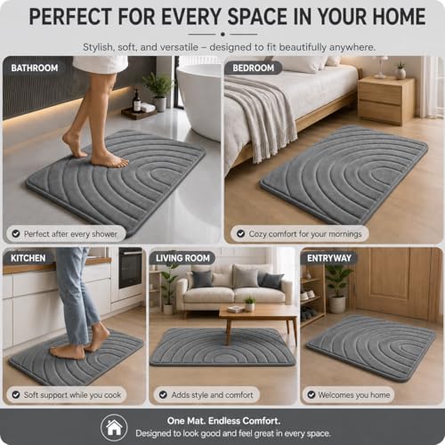 Image of Premium Memory Foam Bath Mat | 40x60cm Super Absorbent Velvet Bathroom Rug | Non-Slip Machine Washable Floor Mat (Stone Grey)