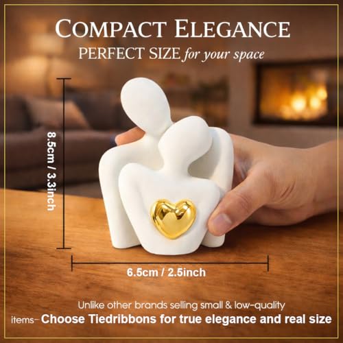 Image of TIED RIBBONS Romantic Couple Hug Statue with Golden Heart Sculpture (White, 8.5 cm x 6.5 cm) - Love Showpiece for Home Decor | Ideal Gift for Girlfriend, Boyfriend, Wife & Husband