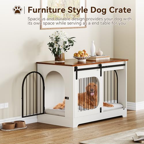 Dog Crate Furniture, 39.4 in Dog Kennel for Dogs Up to 70 LB, with Bed Mat, Heavy-Duty Dog Cage End Table, Three Doors Dog House, White/Brown - Image 3