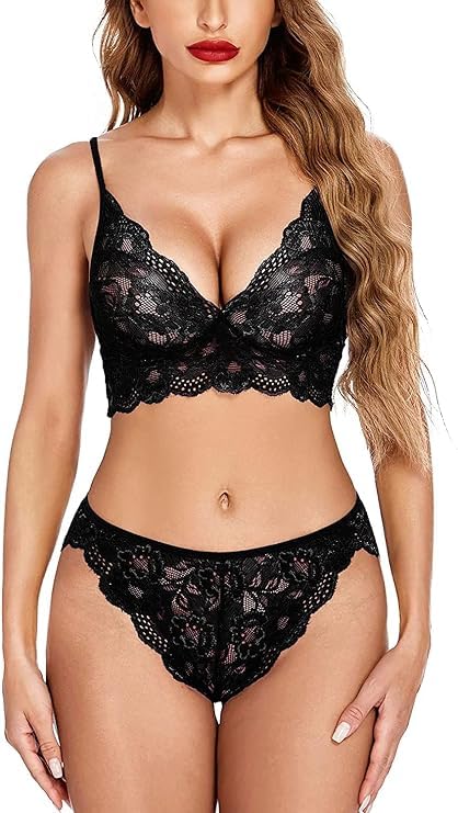 Nightwear Lingerie with Panty Women's Lace Lingerie Bra and Panty Set Strappy Babydoll Bodysuit Free Size (Black)-image-14