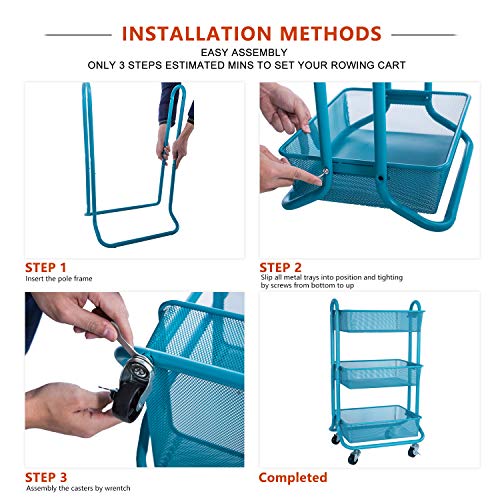 DESIGNA 3-Tier Metal Mesh Utility Cart, Rolling Storage Art Carts with Handle, Bathroom Craft Supply Carts with Wheels, Turquoise