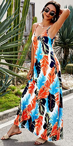 Image of Supnier Women's Summer Maxi Dress Casual V-Neck Sleeveless Bohemian Spaghetti Strap Floral Long Maxi Dress with Pockets
