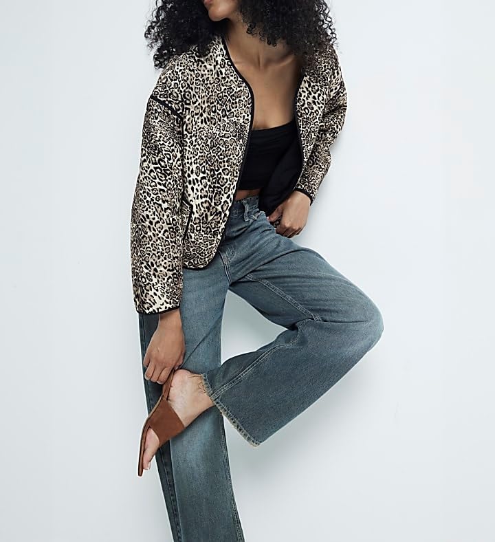 Womens Cropped Quilted Puffer Jacket Lightweight Open Front Leopard Print Padded Cardigan Coat Outwear2