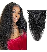 Clip in Human Hair Extensions Kinky Curly 1 Set(8 Pcs), Color 1B Brazilian Hair Jerry Curl Clip o...