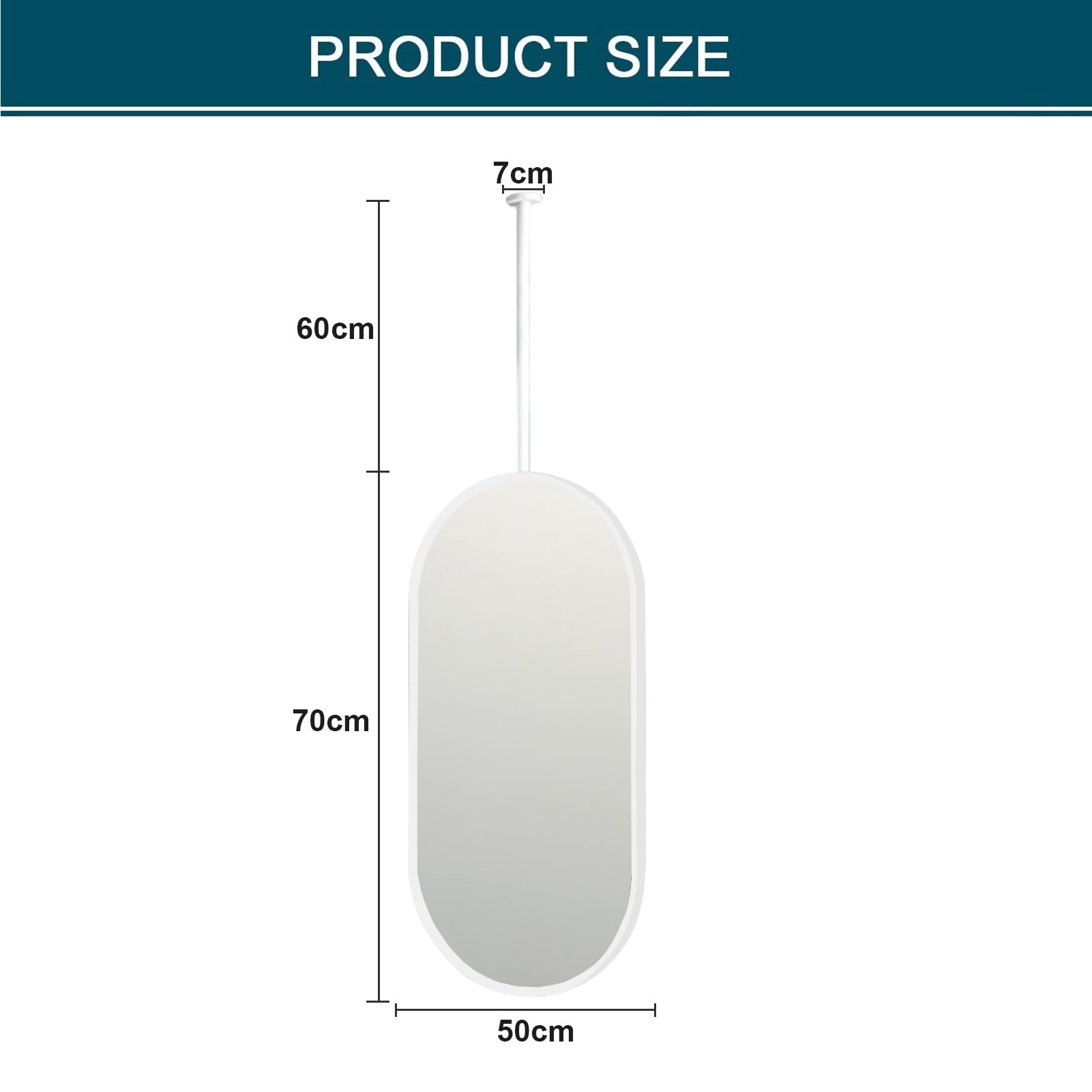 Specchio da soffitto con Asta di Sospensione, Bianco | Specchio da Bagno con Cornice in Metallo e Asta di Sospensione a soffitto, Braccio Personalizzabile (Dimensioni: 50 cm x 70 cm)