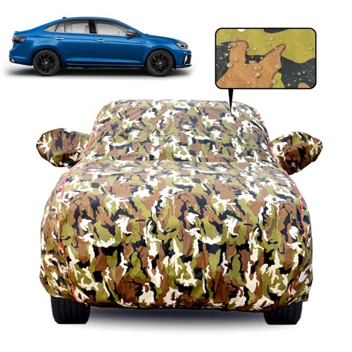 Image of 100% Waterproof Car Body Cover for Volkswagen Virtus with Mirror Pocket, Soft Cotton Lining, Triple Stitched, Full Bottom Elastic (Heat Resistant Jungle Print with Red Piping)