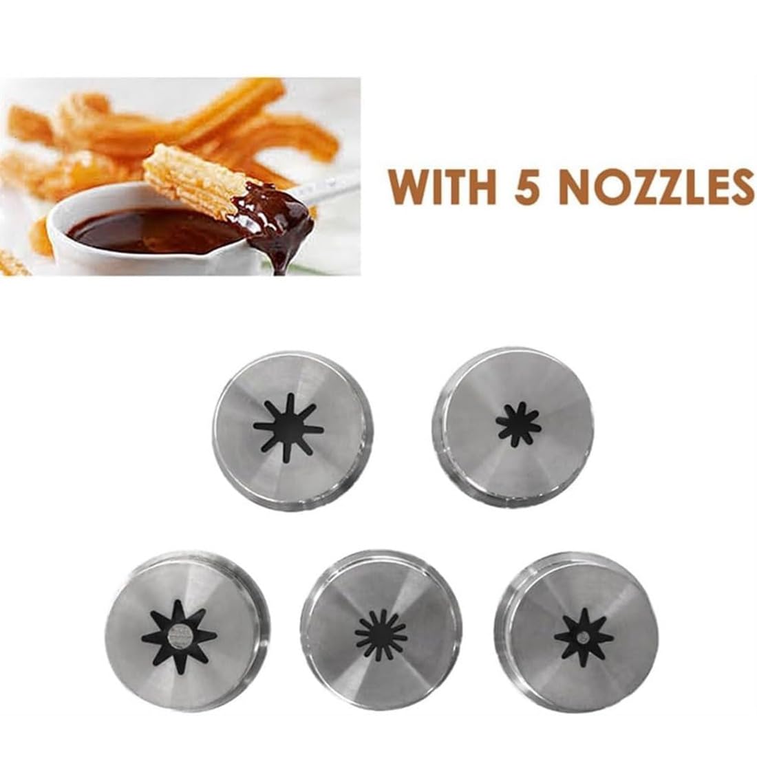 Macchina per Churros spagnoli con 5 stampi, Macchina Verticale per Churros spagnoli in Acciaio Inox da 5 Litri, con friggitrice elettrica da 6 Litri e Supporto.,