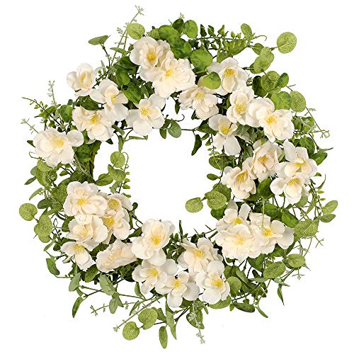 Skrantun 18 inch Artificial Silk Flower Wreath for Front Door with Green Leaves