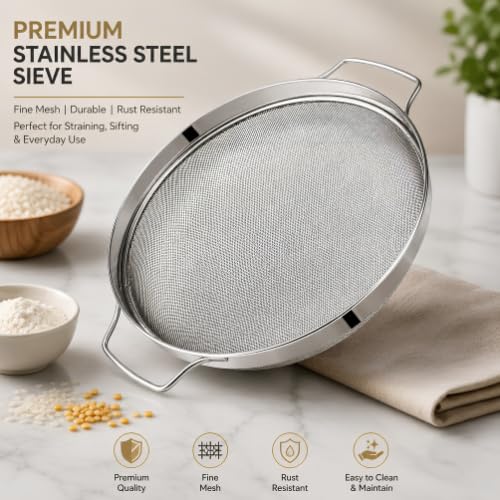 Image of Rakesh Gold Stainless Steel Strainer & Colander | Steel Channi /Chalni for Washing & Straining Rice, Fruits, Vegetables, Wheat & Puran Poli | Regular Size Puran Jali