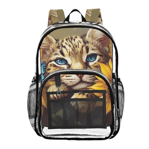 Leopard Cat Sunflower Cute Clear Backpack, PVC Transparent Bag with Large Capacity for Boys, Girls, Men, Women, See Through Bookbag for School Work College Travel