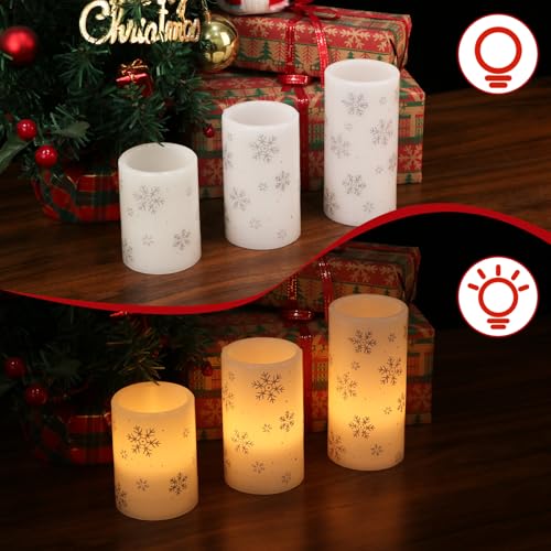 Image of Eldnacele Christmas Flickering Flameless Candles with 6 Hour Timer, Silver Snowflake Decal Battery Operated Real Wax LED Pillar Candles Home Tabletop Holiday Decor(3Pcs,3x4 /5 /6 Inches)