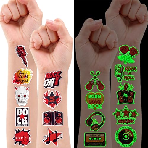Image of Glow in the Dark Rock and Roll Temporary Tattoos for Kids, 96 PCS Pre-Cut | Luminous Super Cute Themed Birthday Party Favors Supplies Decorations, Music Fake Tattoos Gifts for Boys Girls