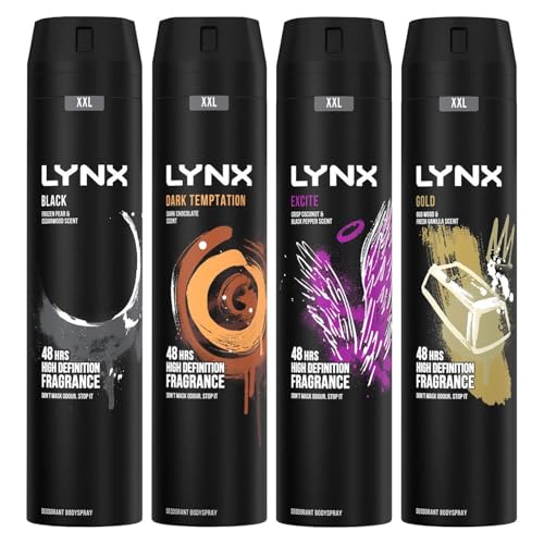 Lynx XXL Body Spray for Men 4 Pack Bundel of 250ml Each in Black, Dark Temptation, Excite & Gold with Long-Lasting Deodorant for 48 Hour Freshness & Irresistible Fragrances