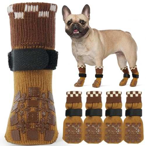 Image of ROZKITCH 2 Pairs Dog Socks Paws Stop Licking, Socks for Injured Paws Double Side Non-Slip Dog Claw Slipper Foot Bandage Paw Protection After Operation on Toe Bichon Frise, French Bulldog Brown M