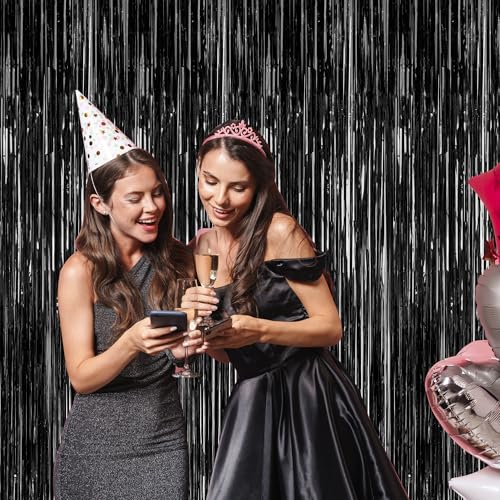 Image of ZATAYE 2 Pack Black Foil Curtain Backdrop Birthday Party Decorations | Black, Metallic Foil, 3.28 x 7.05 FT, Tinsel Backdrop, Foil Curtain Streamer, Halloween New Years Eve Party