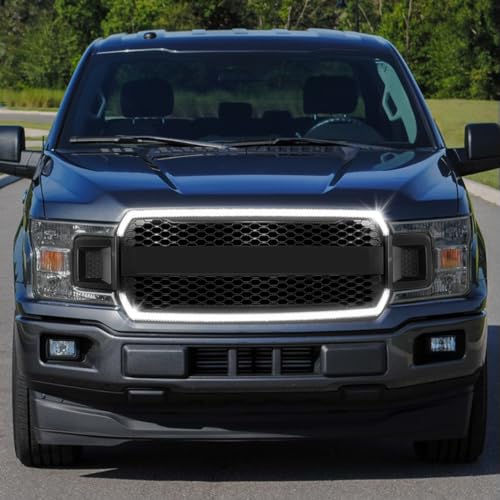Matte Black Honeycomb Mesh Front Bumper Hood Grille Grill w/LED DRL Compatible with 18-20 Ford F150 (Exclude Raptor Model)