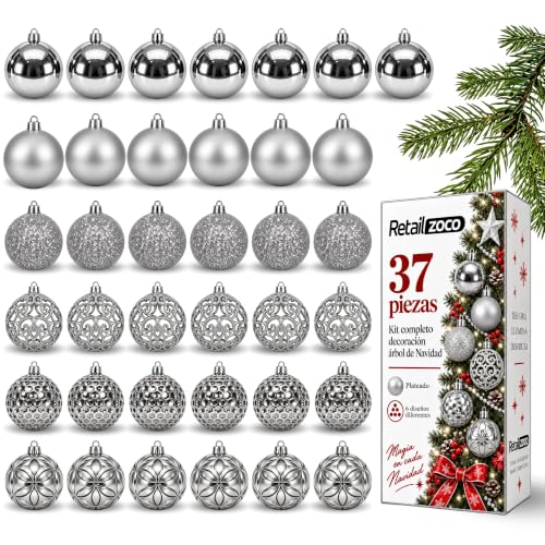 Bolas de Navidad, Adornos Arbol Navidad, 37 Piezas, Plateado