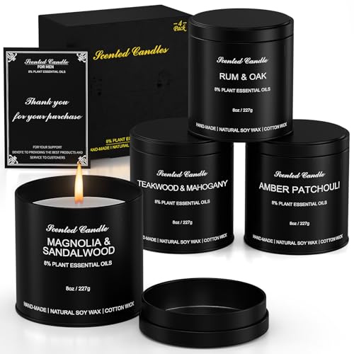 4-Pack Scented Candles for Men | Teakwood & Mahogany Magnolia & Sandalwood Rum & Oak Amber & Patchouli | Soy Wax Blend | Ideal for Fathers Day Birthday Gift for Him