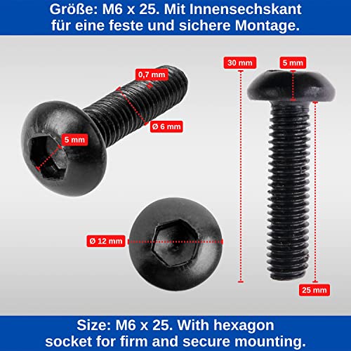 Linsenkopfschraube, 20 Stück, M6 x 25 mm, Ø 12 mm Kopf mit Innensechskant, in Schwarz, werkzeugfestes Metall, Verkleidungsschrauben für Motorrad, Auto, Roller, Kfz Schrauben mit Gewinde, Klemmen Clip