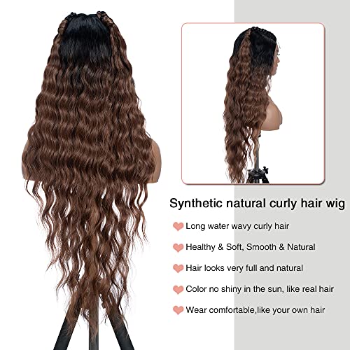 FASHION IDOL Lace Front Curly Wigs 31" with Baby Hair Long Synthetic Natural Water Wavy Wig for Black Women Ombre Auburn with E Type HD Lace Wig – Bild 6