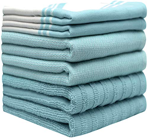 Premium Kitchen Towels (20”X 28”, 6 Pack) | Large Kitchen Hand Towels | Kitchen Towels Cotton | Flat & Terry Towel | Highly Absorbent Tea Towels Set With Hanging Loop | Wide Stripe Aqua #TOP1