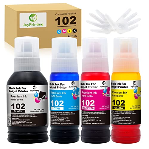 JoyPrinting 102 Ink Replacement for Epson 102 Ink Bottle Refills Compatible with Epson EcoTank ET-2750 ET-2700 ET-2756 ET-2850 ET-2856 ET-2851 ET-3700 ET-3750 ET-4750 ET-4850 ET-4856 (BK/C/M/Y 4-PK)