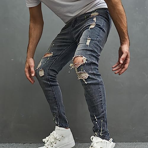 Jeans for Men Fashion Stretch Ripped Punk Style Pants Zipper Button Frayed Denim Pant with Pocket Going Out Work Jeans3