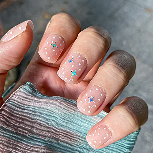 Press On Fake Nails Kit with Glue Stars Short Square Glossy Jelly Nude Polka Dots Holographic Stars Semi-Transparent 24pcs