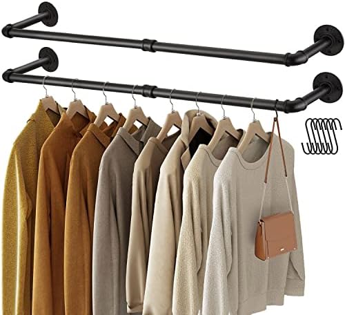 GREENSTELL Clothes Rack,36.2 Inch Industrial Pipe Wall Mounted Garment Rack,Space-Saving Hanging Clothes Rack,Heavy Duty Detachable Garment Bar,Multi-Purpose Hanging Rod for Closet 2 Base (2 Pack)