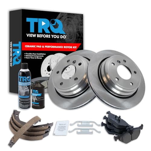 Image of TRQ Rear Brake Pad & Rotor Kit, with Chemical Kit Parking Brake Shoe Set Ceramic Compatible with 2001-2003 BMW 525i 1997-2000 528i 530i 1997-2003 540i