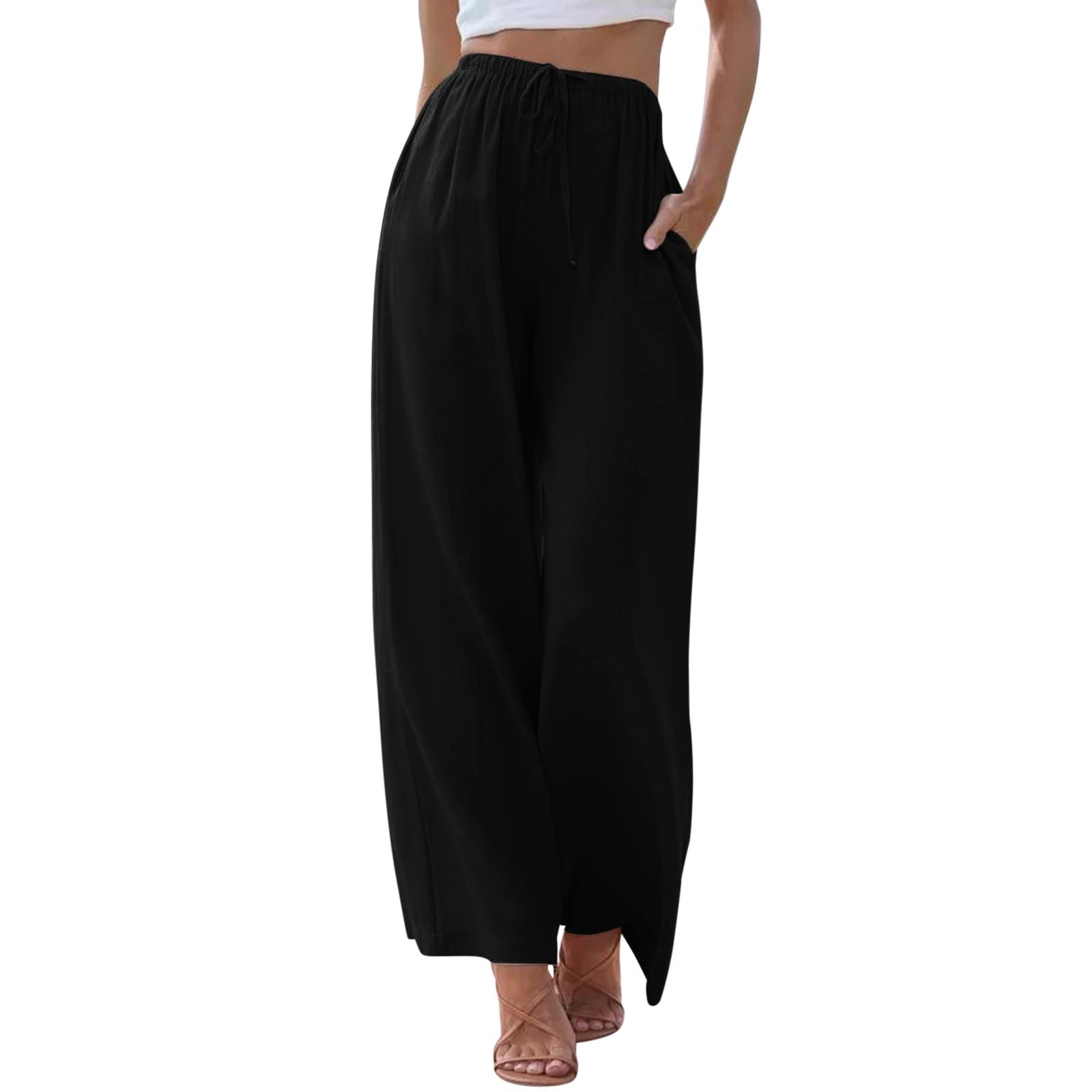 Damen Leinenhose Lang Leicht Sommerhose Loose Fit Casual Locker Stoffhose Weite Beine Palazzo Hose mit Taschen Sommerhose Damen Leicht Baumwolle Leinen Hose Einfarbig Freizeithose