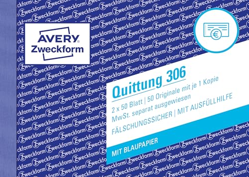 AVERY Zweckform 306-5 Quittungsblock (A6 quer, 2x50 Blatt, mit Durchschlag, fälschungssicher, separat ausgewiesene MwSt., für Deutschland und Österreich) 5er Pack weiß