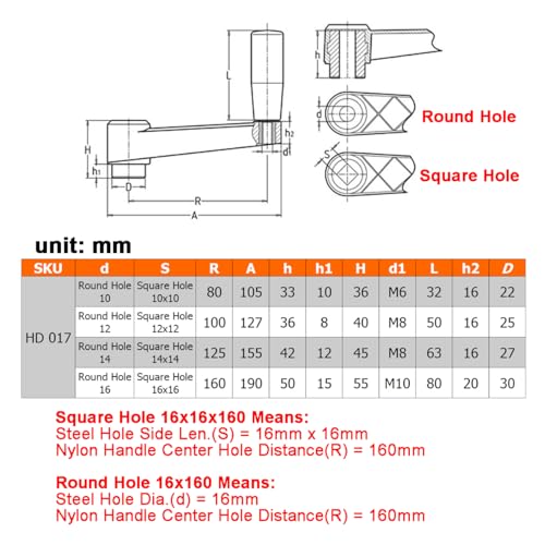 Image of 6.3 inch Nylon Crank Handle Drill Press Revolving Handle with Round or Square Installation Hole Smooth 360 Degree Operation for Industry Lathe Milling Grinding Machine (Round Hole 16 * 160)
