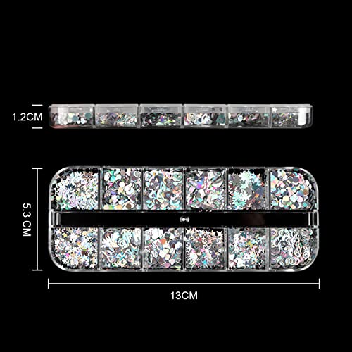 Laser Silver Glitter Nail Art Flakes, Holographic 3D Glitters Sequins Decorations, Love Heart Circle Letters Butterfly Nail Art Design Supplies For Women Girls Manicure Diy Sparkly Resin Nail Art Tips #TOP5
