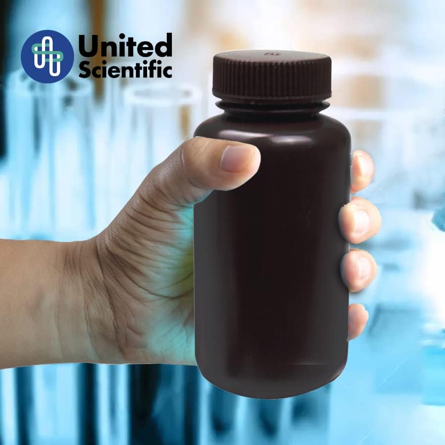United Scientific® 33465PK2 - Sample Containers with Lids - Laboratory Grade Amber HDPE Wide Mouth Reagent Bottle - 16 Oz Bottles (500ml) Multi-Purpose Plastic Bottles with Lids, Pack of 2