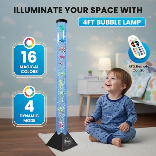 Image of Brewish 4FT Bubble Tube Lamp with Replaceable Pump | 16 LED Color Changing Fake Aquarium Night Light with Remote & 12 Fish, No-Glue Design, Home Decor, Ideal Gifts, Sensory Lights for Autism & ADHD
