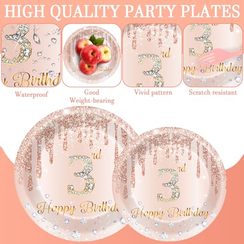 96 Pcs Rose Gold 3rd Birthday Party Decorations for Girls Happy 3 Years Birthday Paper Plates and Napkins Pink Rose Gold Party Tableware Set for 24 Guests Parties Supplies by Oitnlaughter - Used condition - Image 3