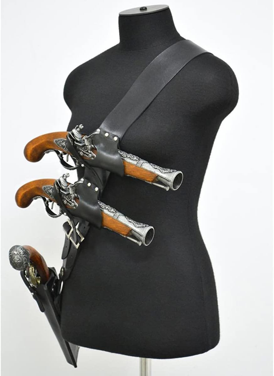 Flintlock Gun Holder, Medieval Pirate Cosplay Costume Shoulder Belt PU Leather Pistol Gun Holster, Steampunk Accessory