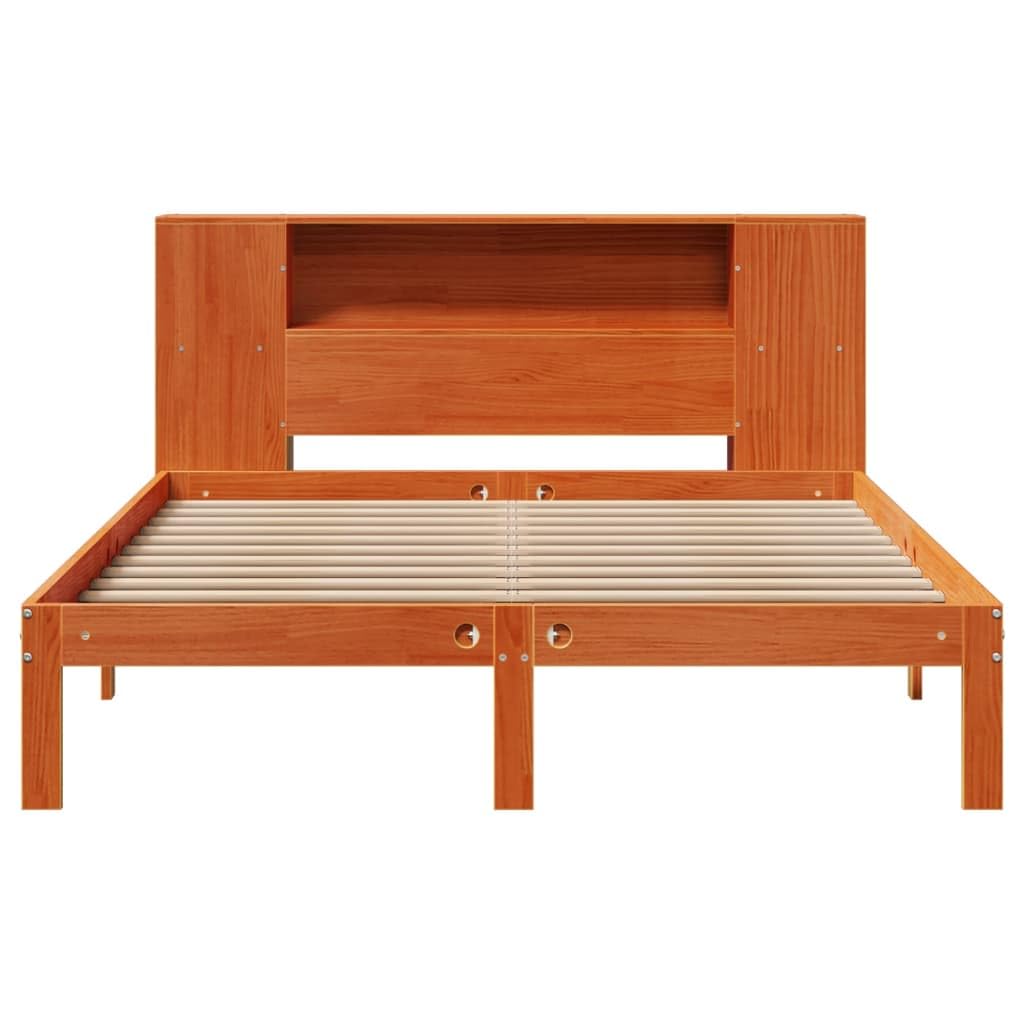 lite drewno sosnowe z regałem wezgłowie 140x190 brąz | Łóżko sosnowe z regałem 140x190cm, woskowy brąz, bez materaca, drewniana rama z stelażem, zagłówek z półkami