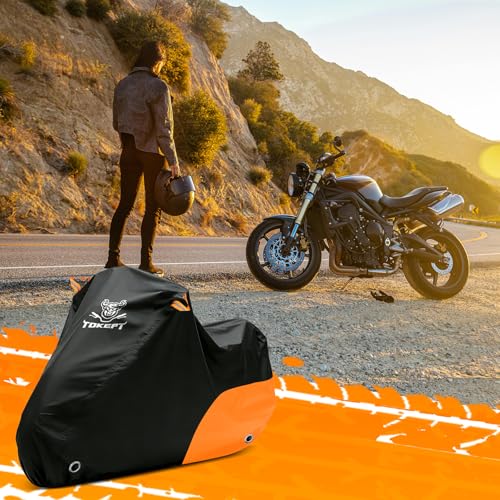 Image of Motorcycle Cover Waterproof All Season Outdoor Protection, Fits up to 96 Inch, Compatible with Sport Bikes & Cruisers with Locking Holes & Reflective Strips (Black&Orange)