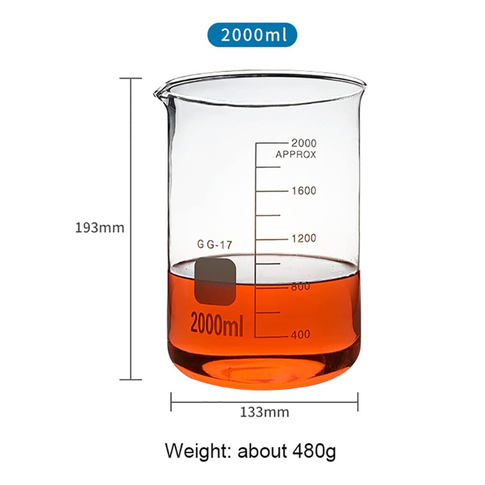 4 vasos de precipitados de vidrio, (1000 ml, 2000 ml, 3000 ml), vaso de laboratorio de borosilicato transparente, vasos de medición de vidrio de forma baja con graduación y pico, reutilizables, para