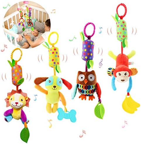 Bloobloomax Baby Soft Hanging Rattle Crinkle Squeaky Dangling Toy Car Seat Stroller Toys with Plush Animal C-Clip Ring for Infant Babies Boys and Girls 3 6 9 to 12 Months (4 Pcs)