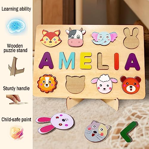 Image of Name Puzzle for Kids Personalized, Baby Easter Basket Stuffer - Custom Baby Boys Girls Easter Birthday Gifts with Engraved Text on Back, Montessori Learning Toys for Toddler 1-3