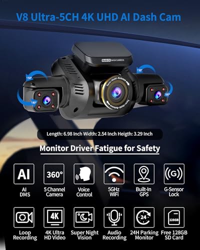 Image of 360 View 5 Channel Dash Cam Front and Rear with AI Driver Monitor System DMS, 4K Dash Camera for Cars, Built-in GPS WiFi Night Vision, Dashcam Free 128G Card, 24 /7 Parking Monitor Mode, V8 Ultra-5CH