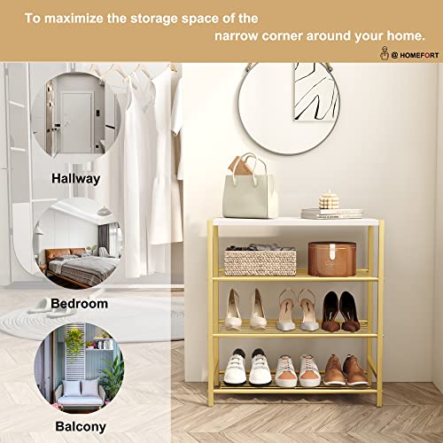 Image of HOMEFORT 4-Tier Metal Shoe Rack, Industrial Shoe Tower, Shoe Storage Shelf with MDF Top Board, Each Tier Fits 3 Pairs of Shoes, Entryway Shoes Organizer with Sturdy Metal Shelves in Gold