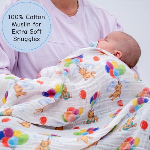 Image of LollyBanks Muslin Swaddle Blankets, 100% Cotton Neutral Baby Blanket for Boys and Girls, Soft and Lightweight 47 x 47 Inches Newborn Swaddles, Toddler Blanket, Baby Essentials (Bear Balloon Print)