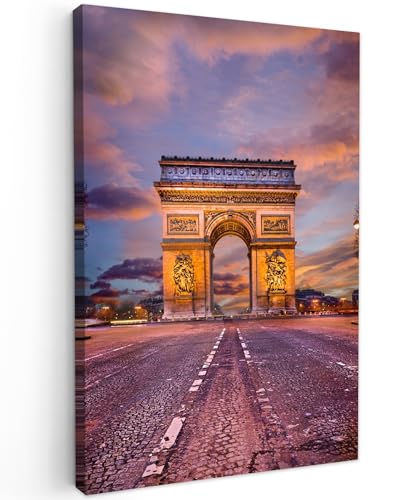 MuchoWow© Impression sur Toile Photo Peinture 80x120 cm Tableau Decoration Murale Chambre Salon Maison Deco Cuisine Paris - Arc de Triomphe - Coucher de...