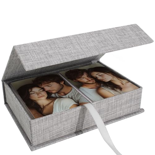 Hiwhy Fotos Caja de Almacenamiento 20x25 cm, Caja Organizadora en Lino, Recuerdos para Guardar Fotos, Imágenes, Certificados, Accesorios para Álbum de Recortes, Recuerdos y Joyas Gris